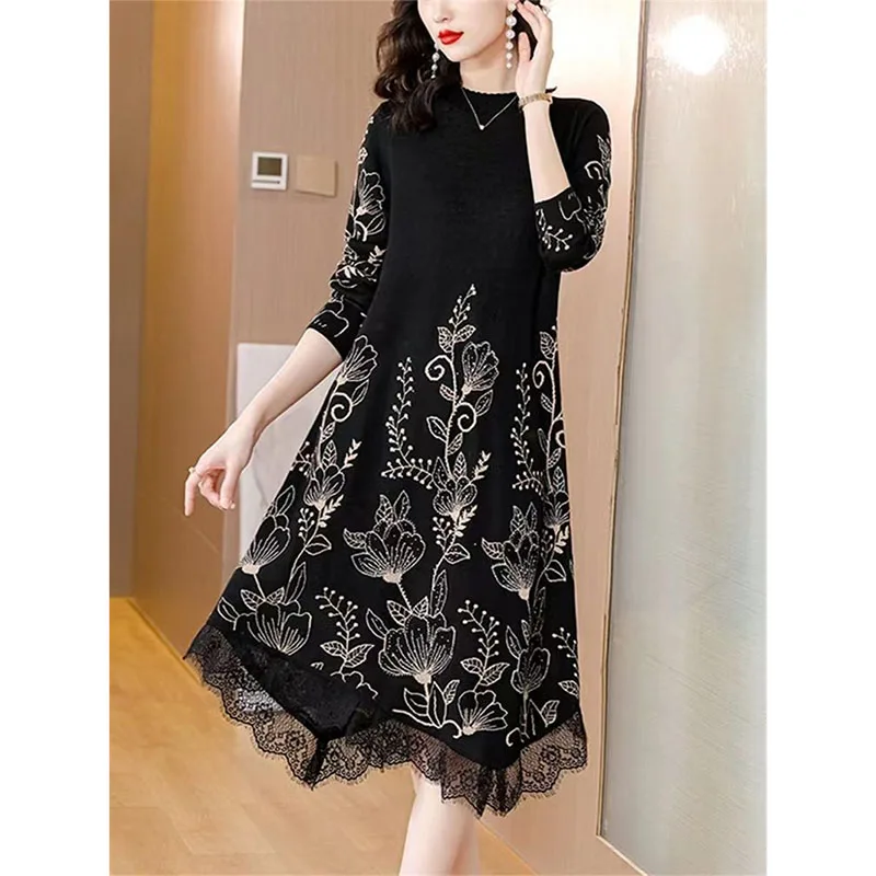 Abito maglione autunno inverno da donna Camicia che tocca il fondo Abito lavorato a maglia jacquard con blocchi di colore di fascia alta Pullover maglione di media lunghezza