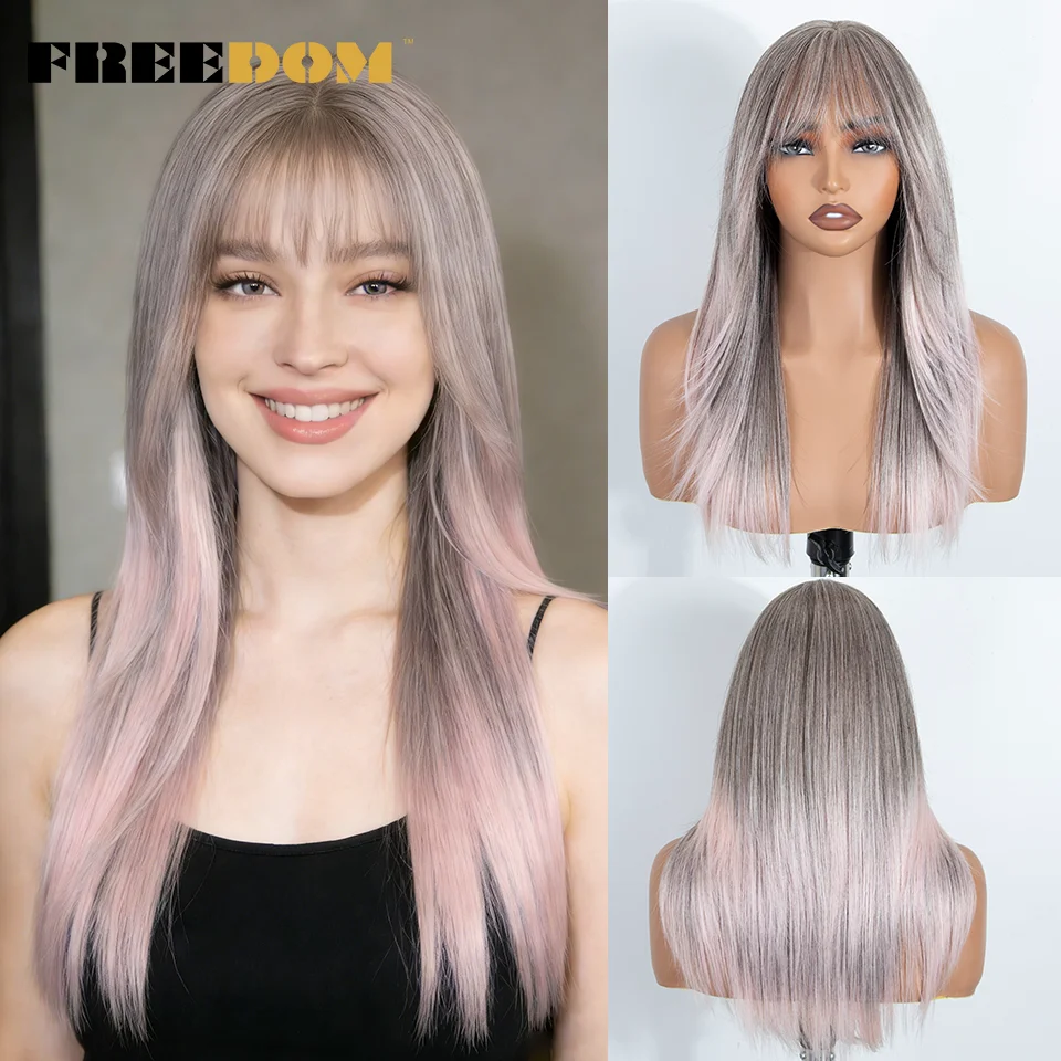 FREEDOM Straight Synthetic Lace Front Wig With Bangs 20 Inch Ombre Brown Blonde Layered Pre-cut Lace Wigs Pink Cosplay Wig