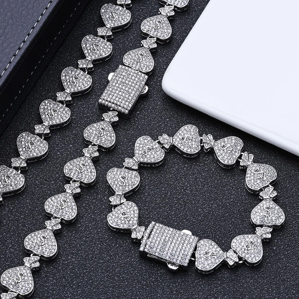 

Women's Necklace All ice $money Bag Chain Heart Splicing 5A Zircon Inlaid luxury Rap Hip-hop Jewelry Personalized Custom LOGO