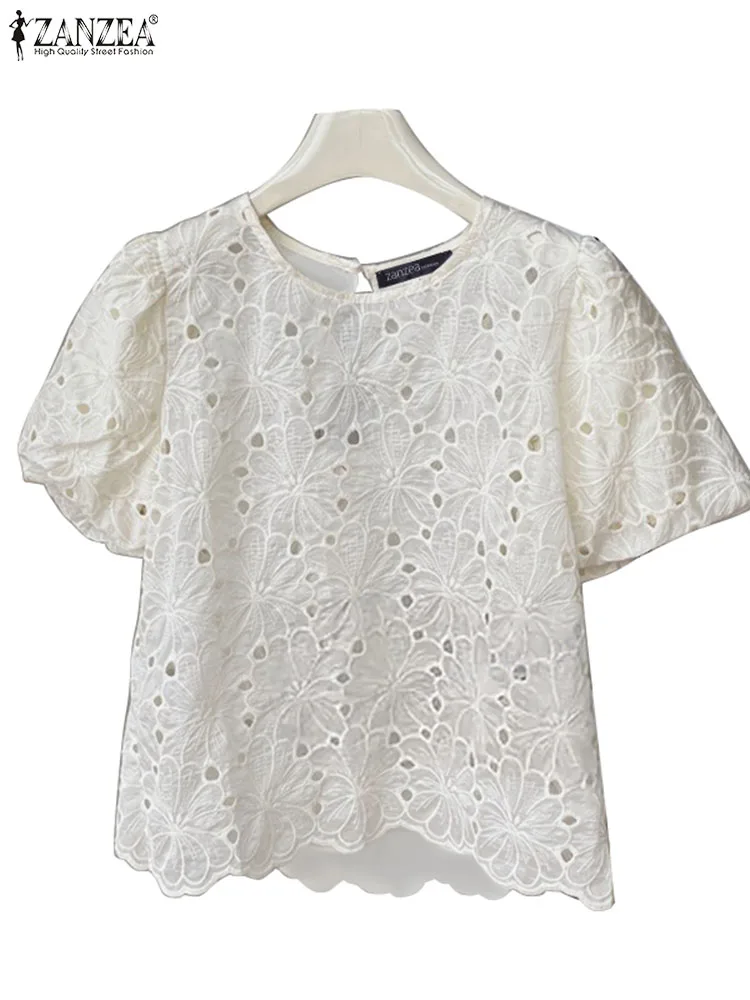 ZANZEA Women Lace Embroidery Blusas Mujer Short Puff Sleeve O Neck Hollow Out Transparent Tops 2024 Summer Casual Elegant Blouse