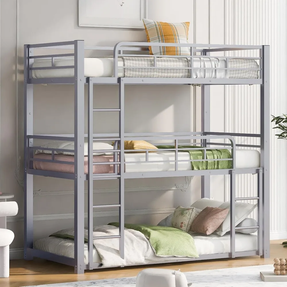 

Harper & Bright Designs Twin Triple Bunk Bed with Built-in Ladder for Small Spaces, Twin Size Metal Bunkbeds w/Safety Guardrails