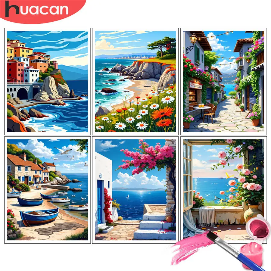 HUACAN Malen nach Zahlen Kits Küstenstadt Szene Ölfarbe DIY Ölgemälde Landschaft Artcraft Handpaint Dekor