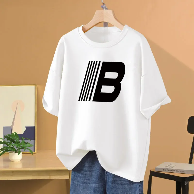 

Women Letter Printed O-neck Pullovers 100% Cotton Fashion Pure Cotton Basics T-shirt Summer Casual Loose Short Sleeve Tee