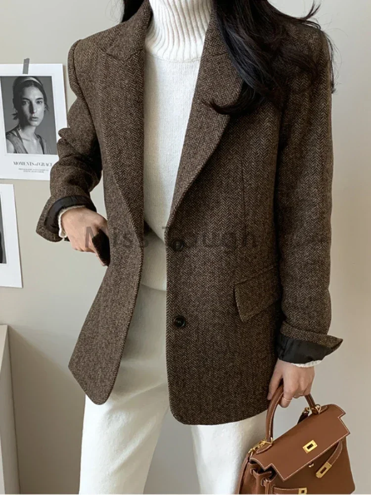 Winter Loose Women Blazer New Fashion Office Ladies Button Up Turn Down Collar Coats Female Vintage Long Sleeve Chic Jacket 2024