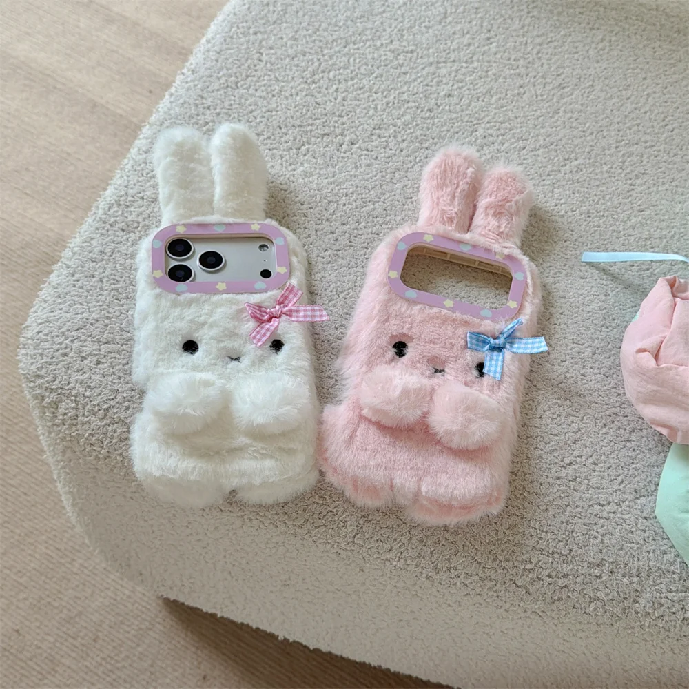 

Warm fluffy furry bow 3D rabbit phone case for iPhone 17 16 Pro 13 14 15 Pro Max 12 11 plus cover cute cartoon protective Funda