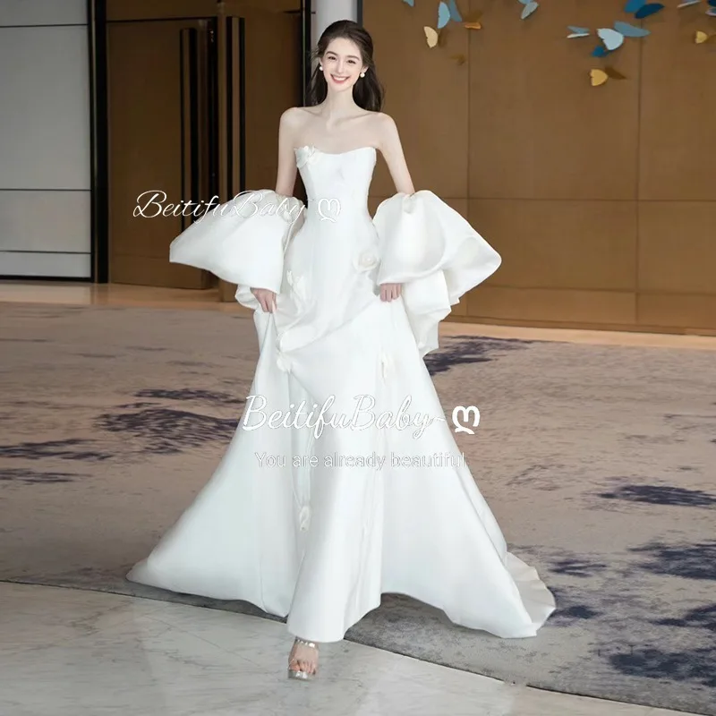 

BeitifuBaby Satin Evening Dress for Women Palace Style Strapless Appliques Mermaid Skirt Banquet Gown with Shawl Party Dresses