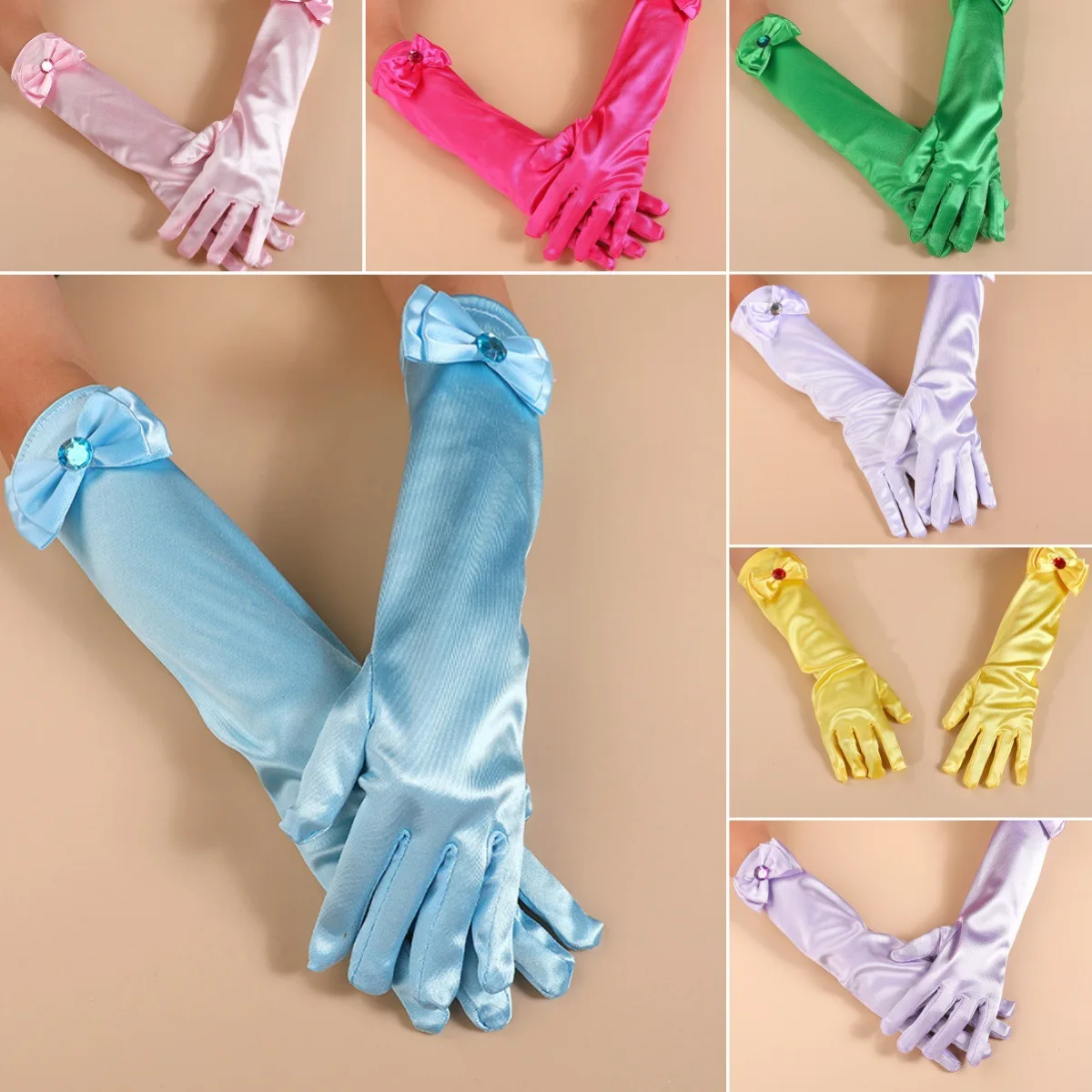 Gloves Kids Satin Bow Princess Yellow Light Blue Medium Long Stage Party Boys Soft Lightweight Child Size Daily Wear Cute New
