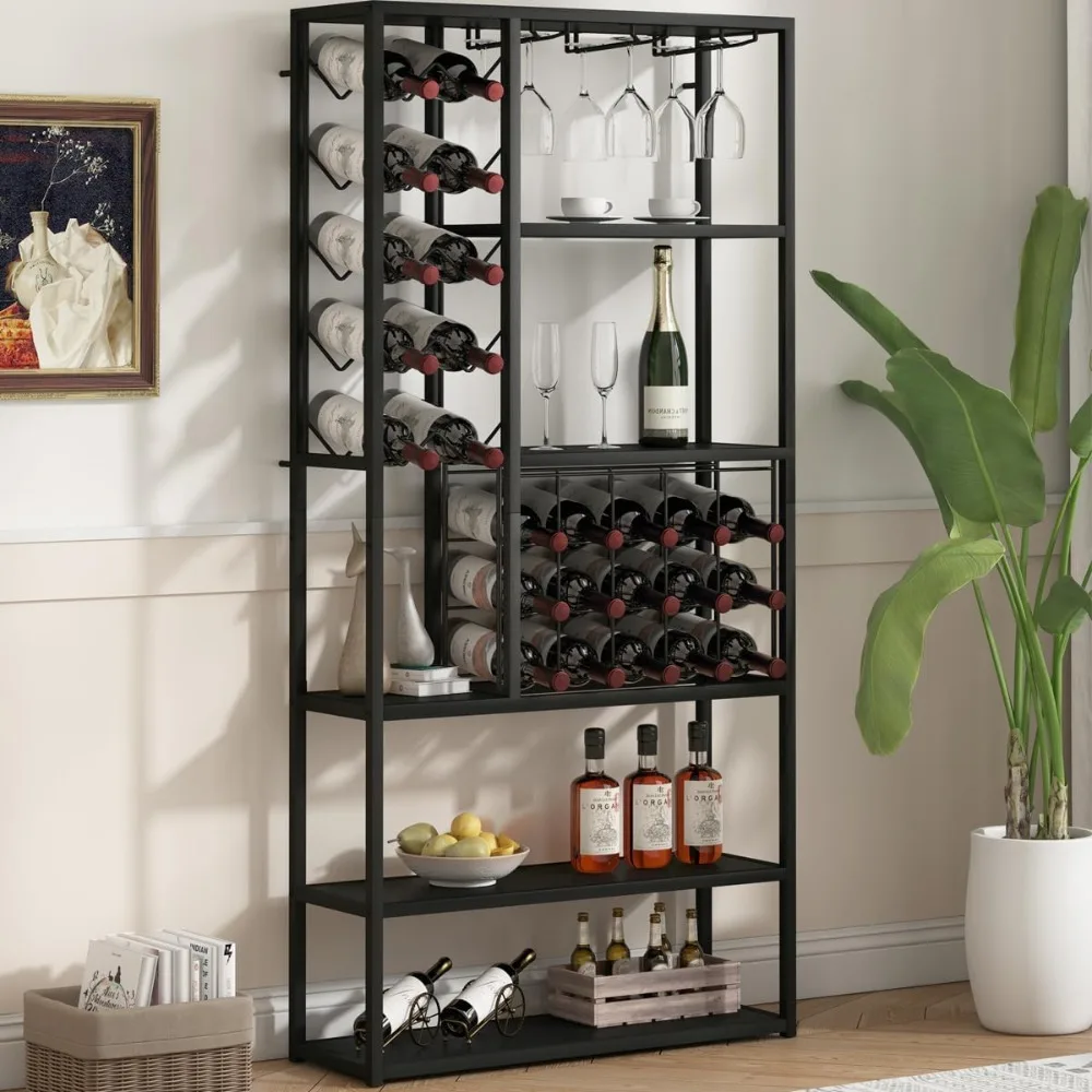 Armoire de bar à vin haute, armoire française industrielle à 5 niveaux avec porte-verre et rangement du vin, armoire de café en métal de ferme