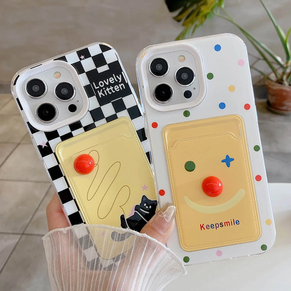 Cute Funny Clown Cat Card Pocket Phone Case For iPhone 15 14 12 13 11 Pro Max XS XR X 7 8 Plus Colorful Point Lattice Soft Cover