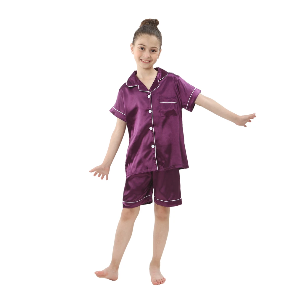 teenager home pajamas girls sleepwear kids silk satin party nightgown boys button-down pijama children solid color loungewear