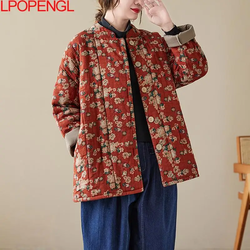 2023 Winter Floral Cotton Clothes Stand Collar Loose Warm Jacket Quilted Thick Printing Woman Single Breasted Wide-waisted Coats