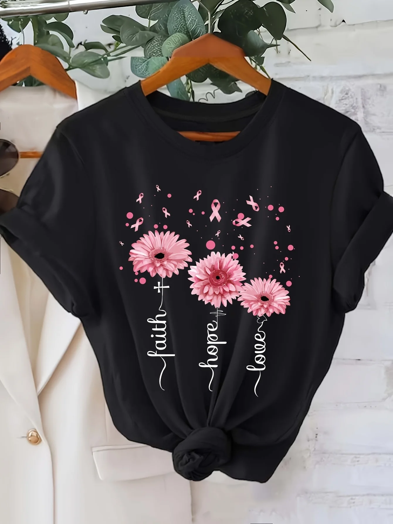 여성용 꽃무늬 신앙 편지 프린트 티셔츠, 캐주얼 크루넥 반소매 탑, 폴리에스테르 니트 원단, 올 시즌 컴포트 핏