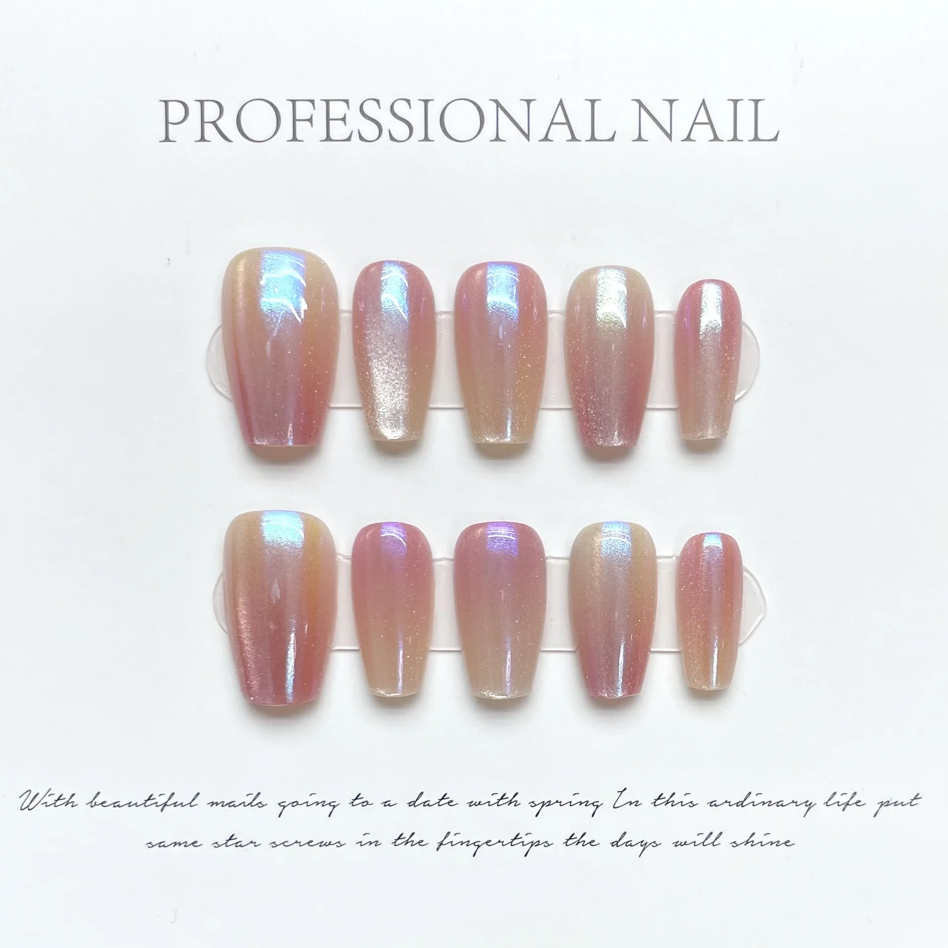 Handmade Pink Nails Set Press on Cute Korean Medium-length Artifical Nails Full Cover Nail Tips with Design Adhesive False Nails