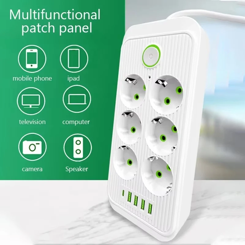 EU Plug Power Strip 2M Extension Cable Multiprise 6AC Outlets Electrical Socket with 4 USB 1 Type-C Network Filter Fast Charging