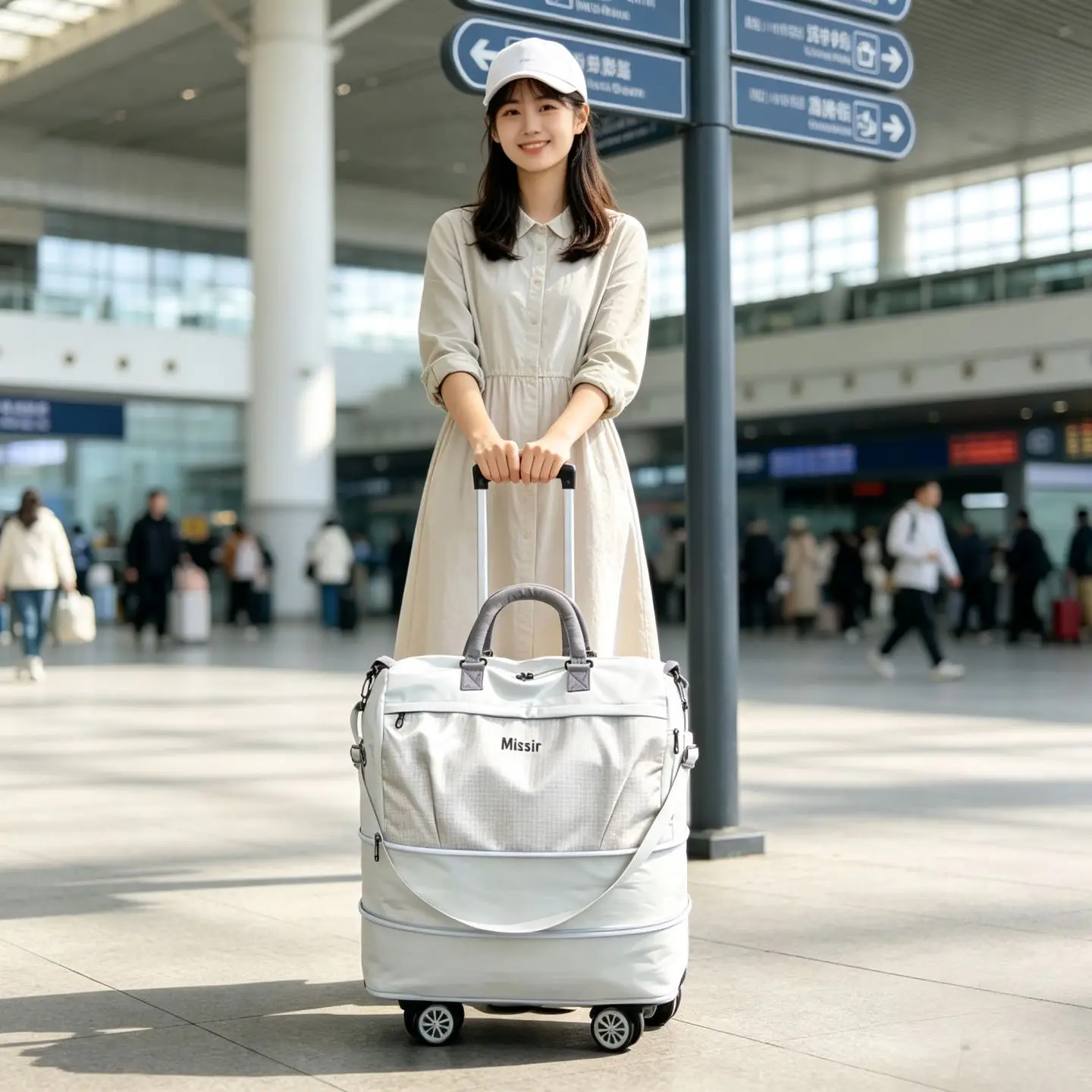 expandable-wheel-bag-luggage-double-layered-roller-boarding-handheld-storage-bag-nylon-material-pure-color-trend-summer-season