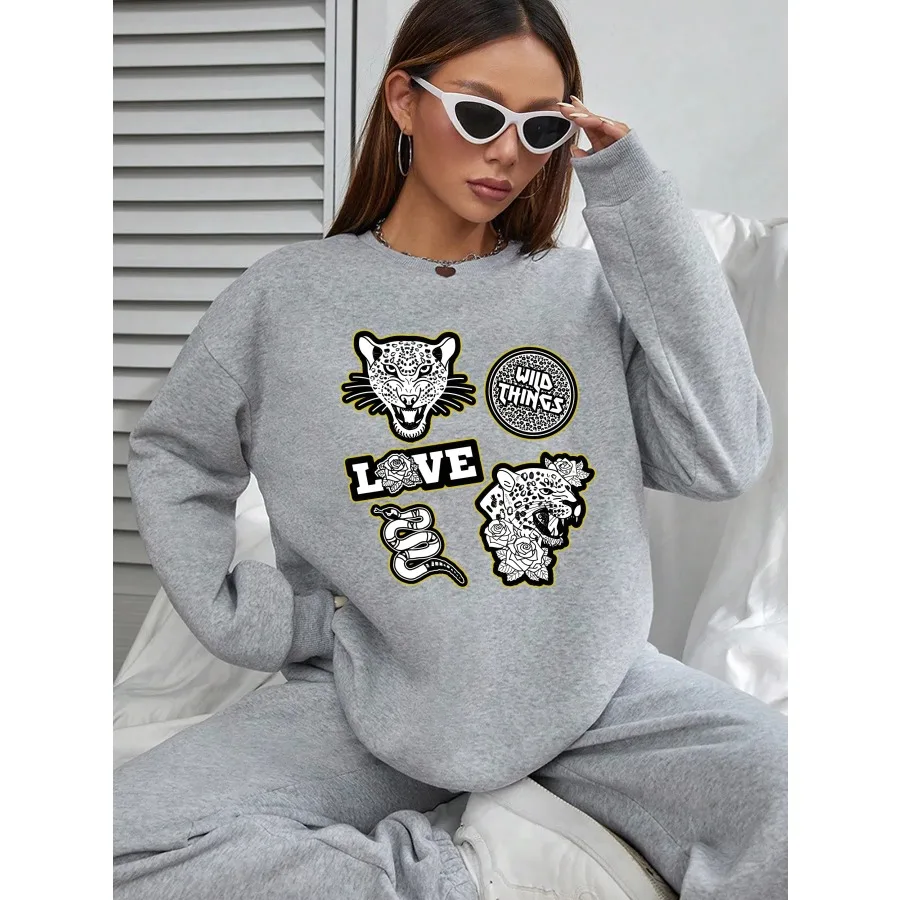 Women Basic Casual Pullover Spring Autumn Long Sleeve Animal Illustration Printed Round Neck