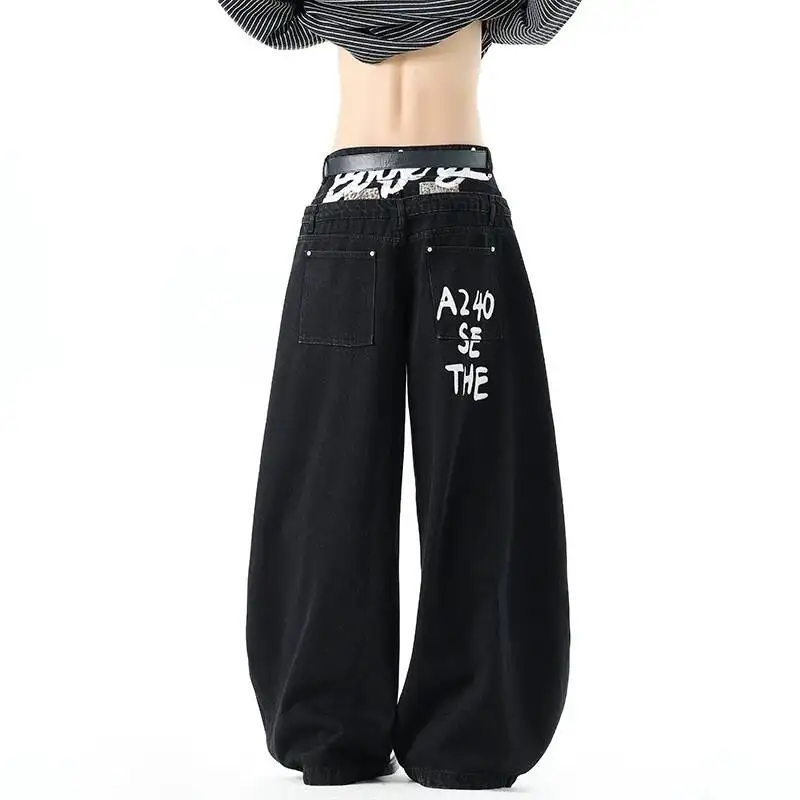 Curved Streetwear Men's Seam Wide Leg Jeans Black Washed Baggy Fit Casual Double Waist Design Denim Long Pants TOKP