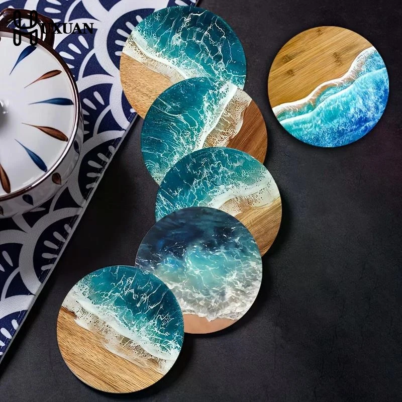 4/6Pcs Blue Ocean Round Wooden Coasters & Placemats Set Home Cafe Party Table Decor Durable Drink Coasters For Stylish Dining