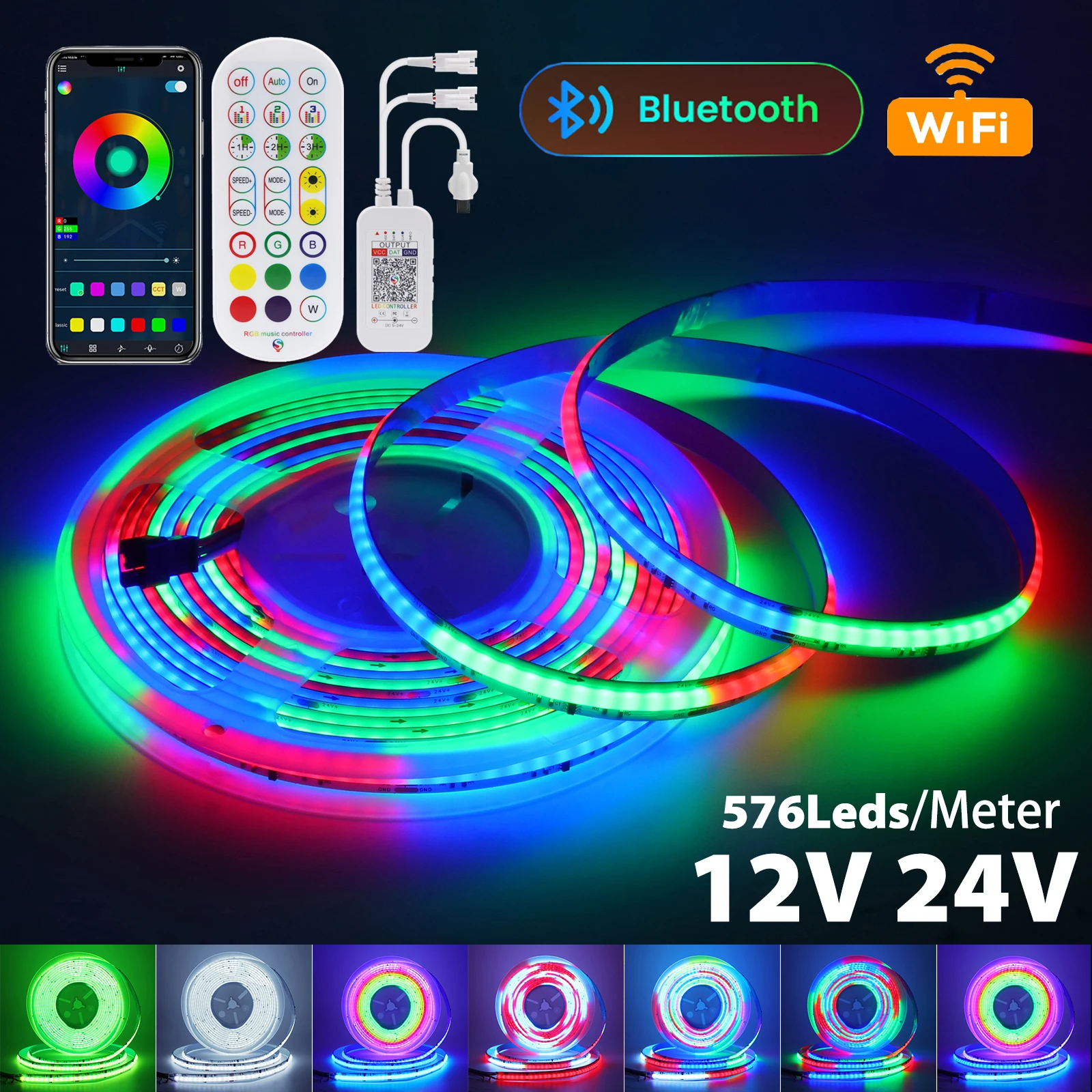 Tuya WiFi Bluetooth WS2811 Addressable 576Leds/m Dream Color COB RGB LED Light Strip 10mm 12V 24V High Density COB Led Lights