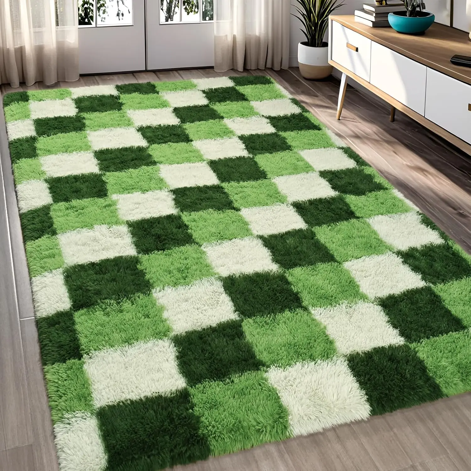 

5x7 футов клетчатый лохматый ковер, мягкий моющийся ковер для гостиной, спальни, детской игровой комнаты, домашний декор