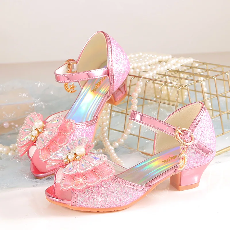 Zapatos de princesa para niñas, Sandalias de tacón alto con lazo de perlas, de cristal, para verano