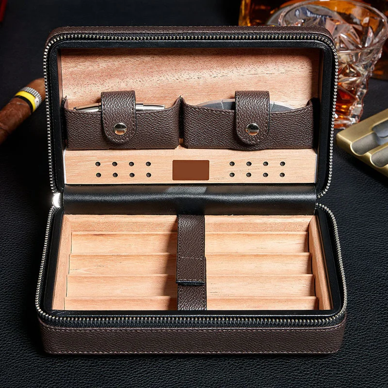

Portable Cigar Case Humidor 4-pack Cedar Wood Cigar Storage Box Multifunctional Briefcase Cigar Case Set