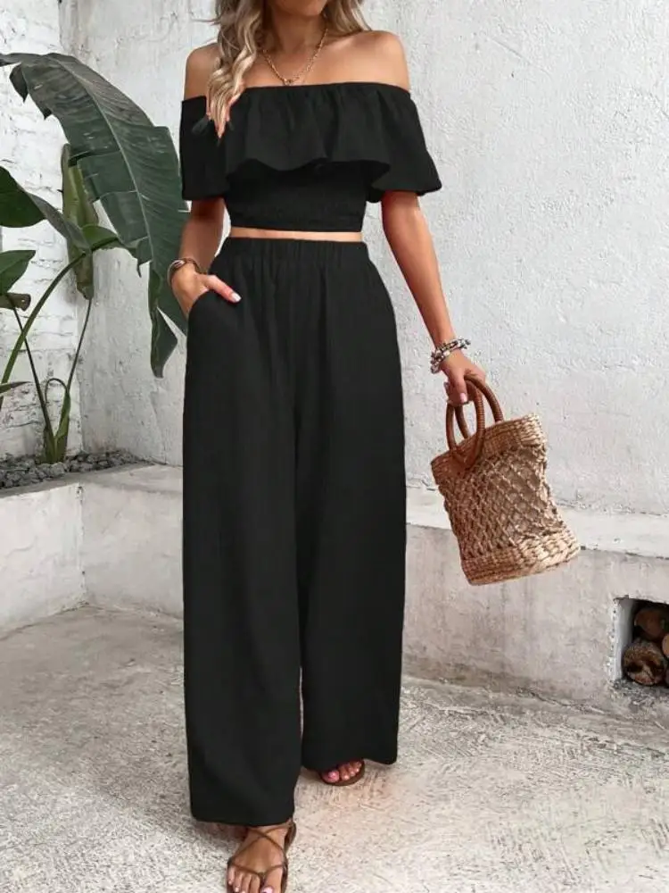 Summer new casual temperament commuter solid color one line shoulder blazer solid color wide leg pants