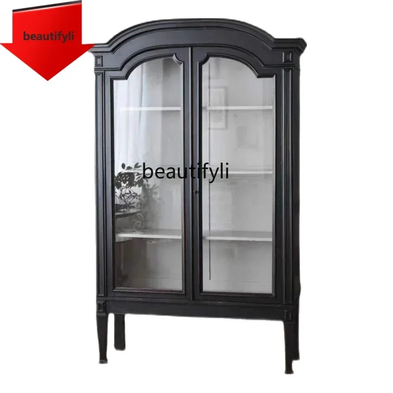 

K185 American solid wood bookcase retro and old special-shaped oak display cabinet dining side wine cabinet