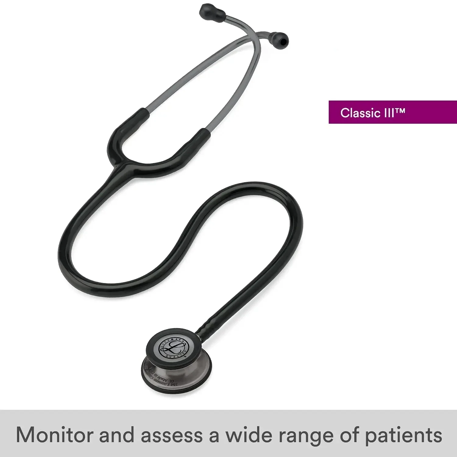 Classic III Monitoring For 3M Littmann Stethoscope, Smoke-Finish Chestpiece, Black Stem Gray Headset Black Tube 27 Inch 5811