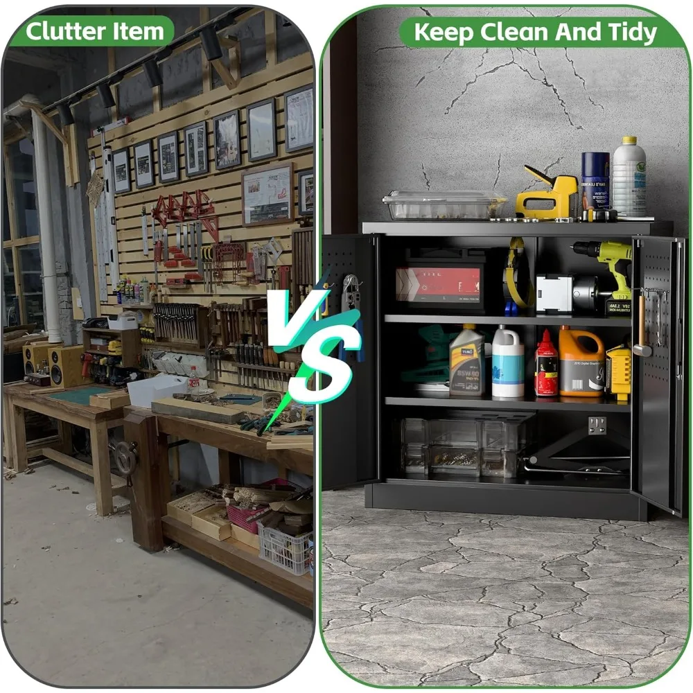 خزانة تخزين جراج صغيرة 31.5 ساعة مع لوح بيجبورد، خزانة تخزين ملفات قابلة للقفل مع رفين قابلين للتعديل للمرآب