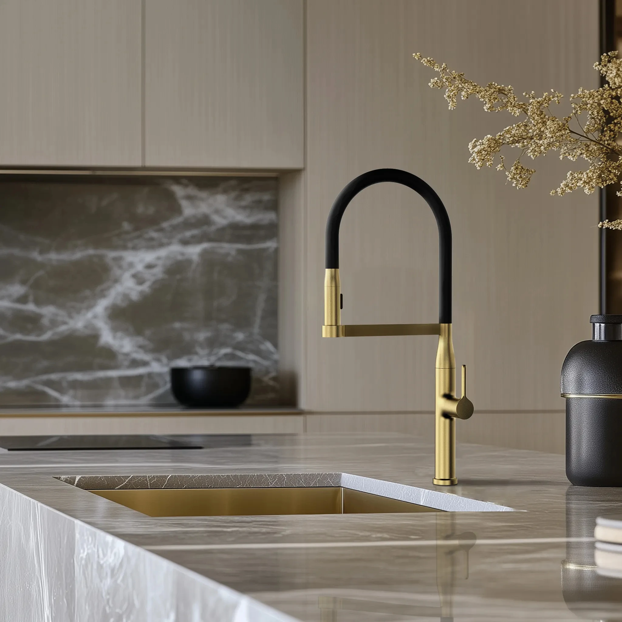 Gold spray deck mounted gooseneck sink mixer faucet pull down brass kitchen faucet