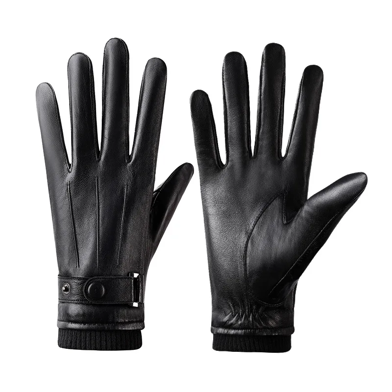 Guantes de cuero para hombre, Otoño e Invierno, forro polar, grueso, térmico, resistente al viento, impermeable, pantalla táctil, motociclismo de invierno