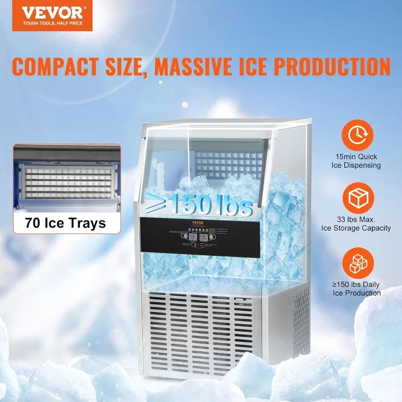 VEVOR Commercial Ice Maker, 150lbs/24H, Ice Maker Machine, 70 Ice Cubes in 12-15 Minutes