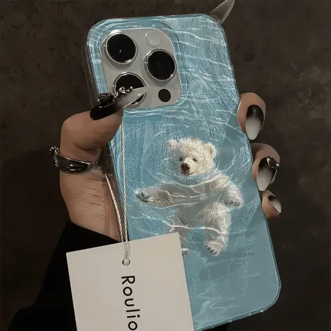 IPHONE 케이스 16 15 14 13 12 11 PRO MAX 7 8 PLUS X XR XS MAX 수영 곰 깃털 원사 소프트 에지 안티 드롭 및 충격 방지