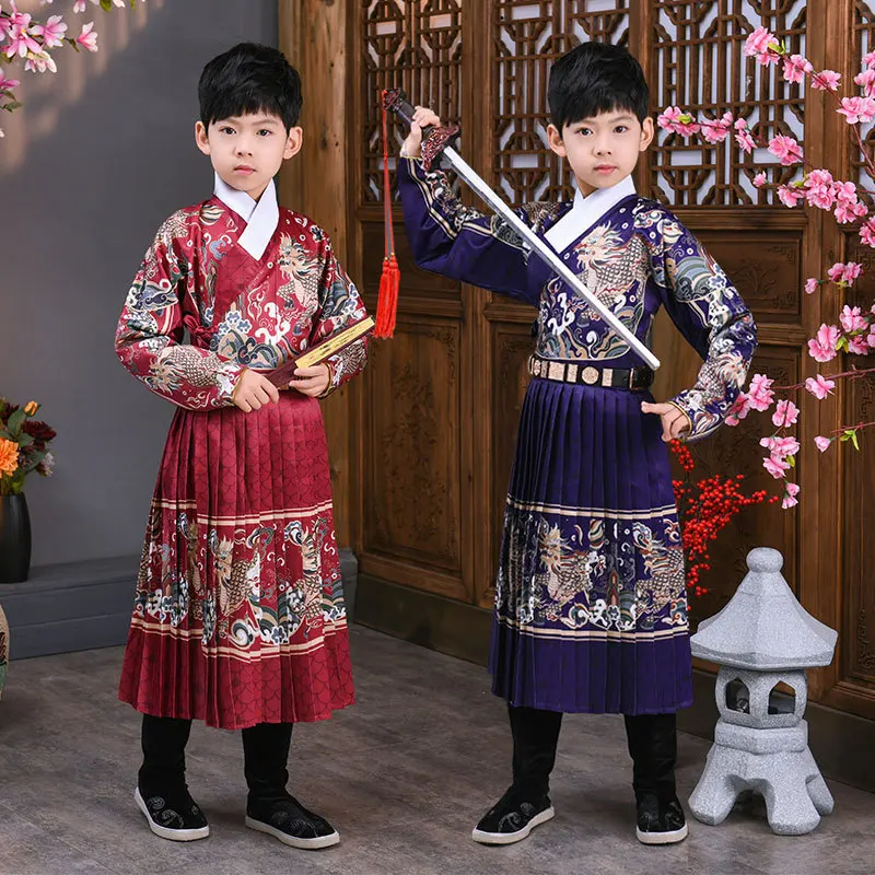 110-160 Cm Traditional Chinese Hanfu for Boy Long Sleeve Embroidery Dragon with Belt Tang Suits Kongfu Stage Performance Outfit