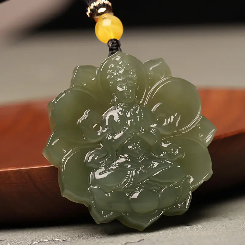 Hetian Green Jade Guanyin Bodhisattva Pendant Buddha Statue Amulet Men And Women, Portable Hanging Ornament Necklace