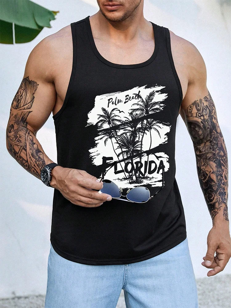 Camisola de alças sem mangas com estampa de coco masculina, moda casual havaiana, rua diária, esportes ao ar livre, verão