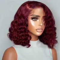 99J Colored Curly Deep Water Wave Lace Front Wig Burgundy Red Remy Short Cut Bob Frontal Human Hair Wigs Women Pre Plucked Wigs