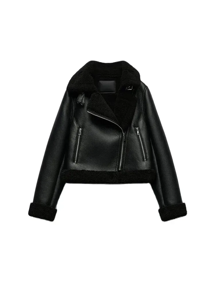 

Women's Fashion Faux Leather Pilot Jacket Winter Warm Fleece-Lined Short Collar Coat Comfortable Oversized Commuter Jacket