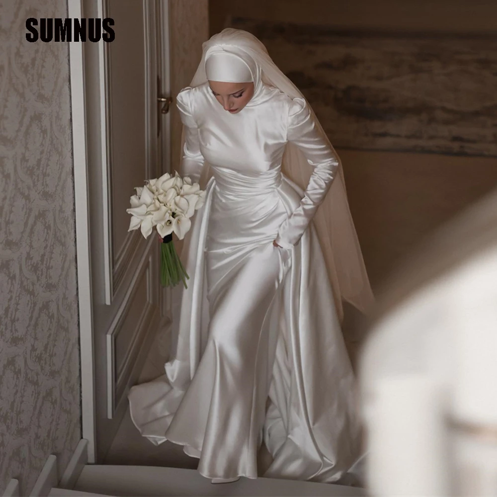 Sumnus-vestidos de novia musulmanes árabes modestos, mangas largas, cuello alto, satén de seda, cola trasera, noche Formal personalizada