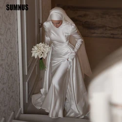 SUMNUS Modest Arabic Muslim Wedding Dresses Long Sleeves High Neck Silk Satin Bridal Gowns Back Train Formal Evening Customized