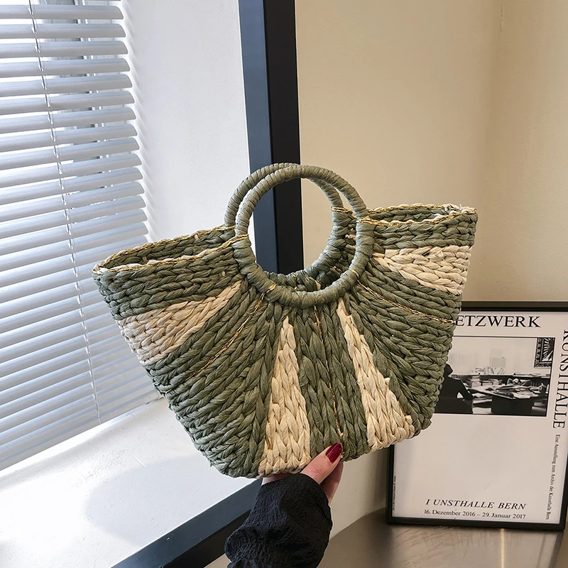 

2025 Straw Weaving Large Capacity Simple New Top-Handle Bags Versatile Trendy Splicing Solid Color Soft Women's Tote Bags