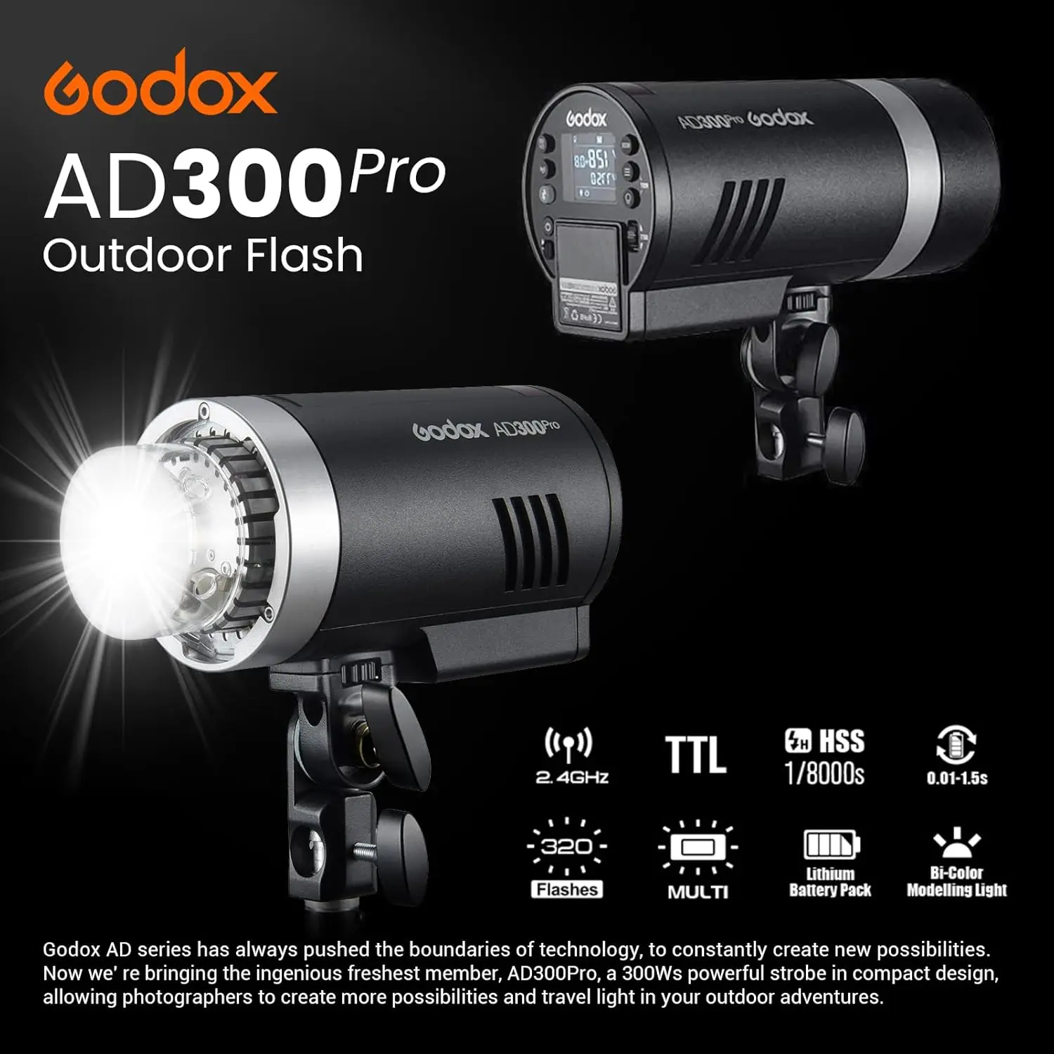 Godox AD300Pro 300Ws TTL HSS 1/8000s Outdoor Flash Stobe Light with 2600mAh Lithium Battery for Canon Sony Nikon Fuji Olympus