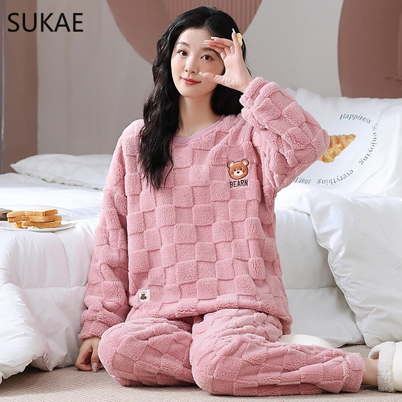 SUKAE Fashion Women Winter Thermal Pajama Set Plus Size M-5XL Big Teddy Sleepwear for Girl Leisure Long Sleeves Fluffy Nightwear