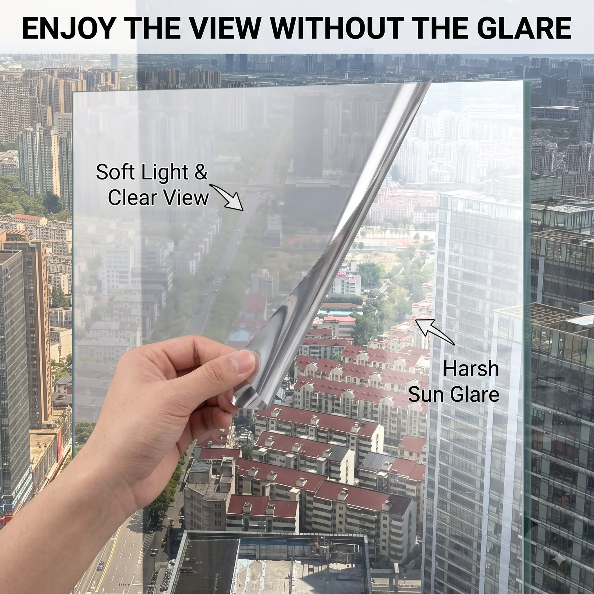Static Cling Double Sided Silver One Way Window Film, No Glue Privacy Sun Blocking Window Tint, Anti‑UV Heat Control Glass Stick