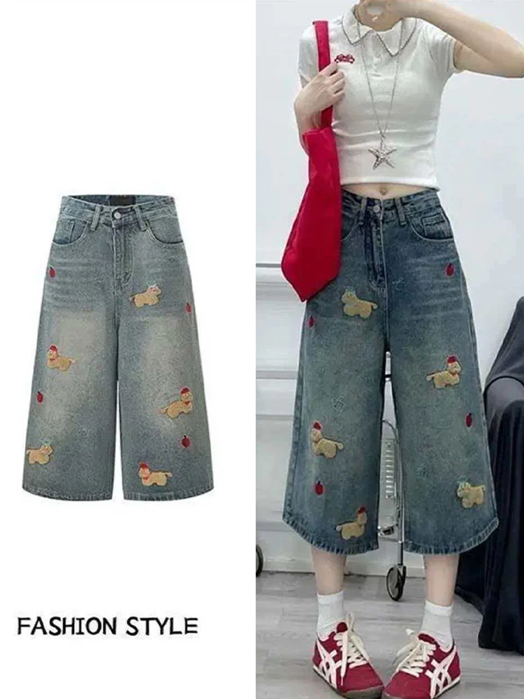 

Summer Casual High Waist Wide Leg Seven-Foot Jeans Women's Embroidered Dog Cartoon Denim Pants Youthful Fashionable Loose Fit