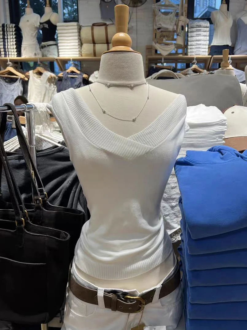 

White Tank Top for Woman Summer Knitted Double V-necek Sleeveless Slim Camisole Female Solid Simple Casual Sweet All-match Vest