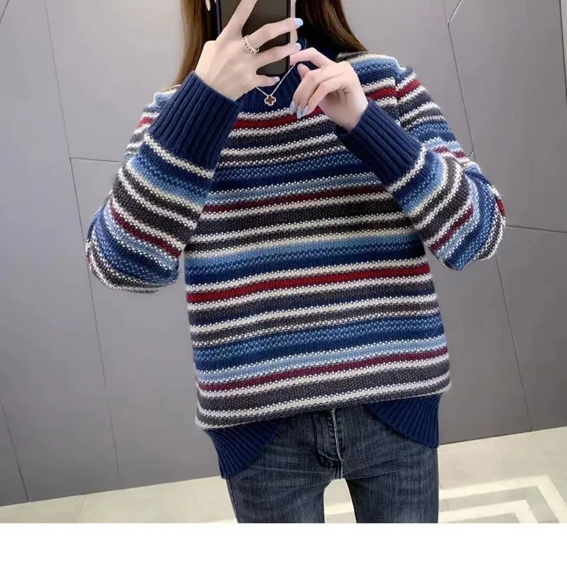 Autumn and Winter Women's Stripe Contrast Color Half High Korean Long Sleeve Loose Sweaters Jumpers Cotton Fashion Casual Tops
