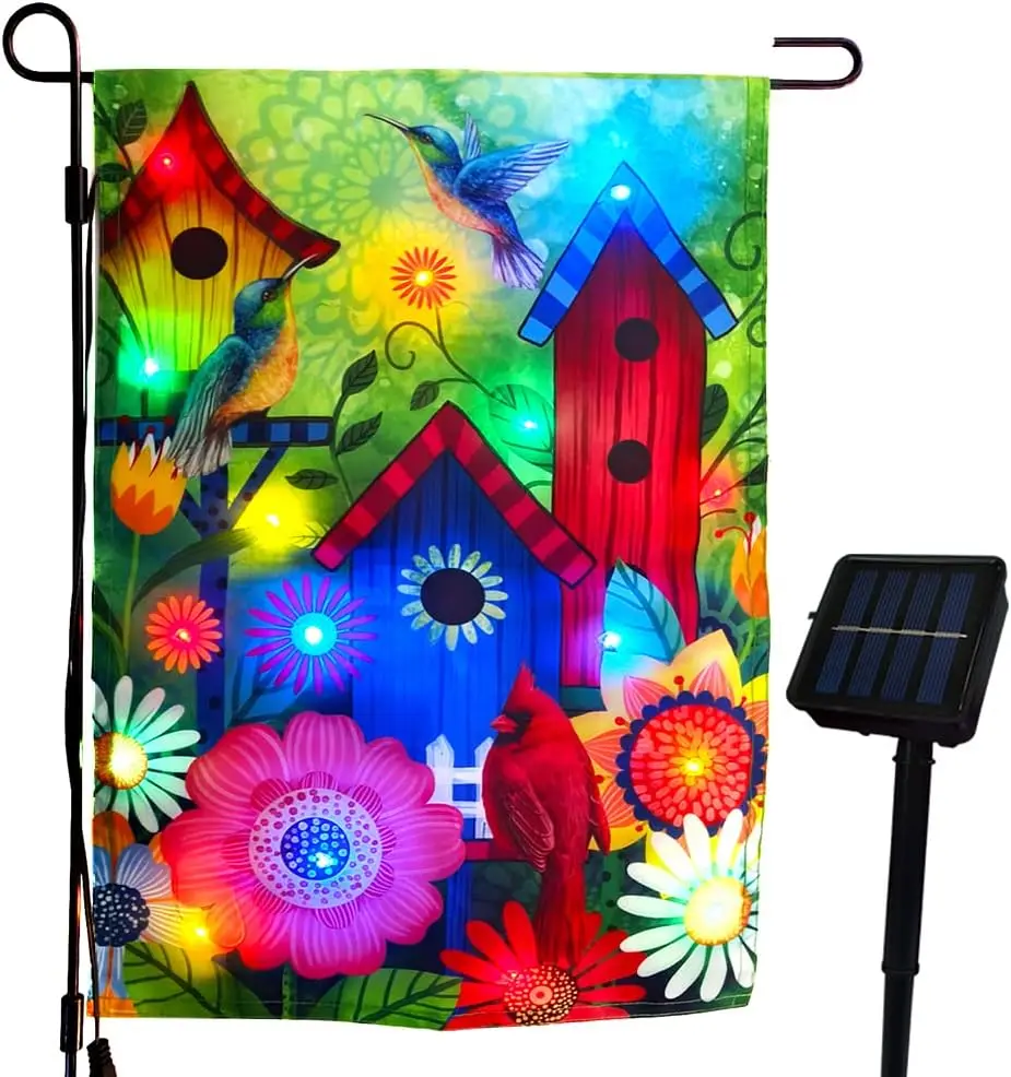 Welcome Lighted Garden Flag Birds House Garden Flags 12X18 Double Sided, Solar sall Yard Flag, Lawn Home Spring Easter Decoratio