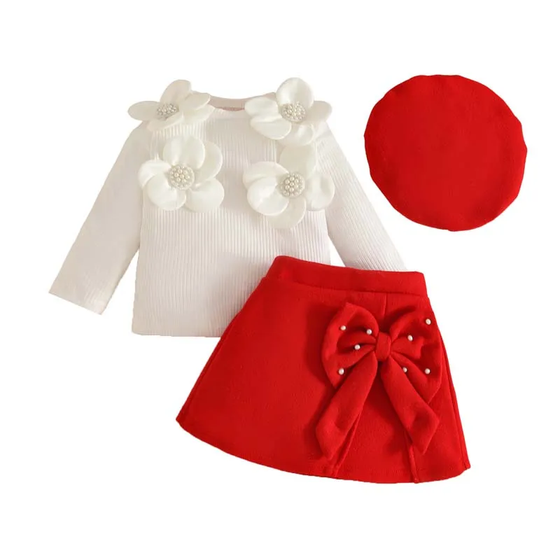 

Baby Girls Clothes Children Spring Autumn 3Pcs/Sets Decal Long-sleeved Tops Bow-tie Skirt Beret Fashion Infant Costume